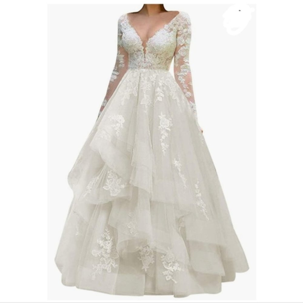 GORGEOUS APPLIQUES LACE TULLE LONG SLEEVE TIERED SKIRT WEDDING BALL DRESS